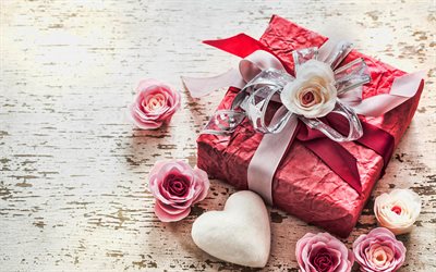 present till 14 februari, 4k, röd presentförpackning, rosa sidenrosett, alla hjärtans dag, 14 februari, rosa rosor, romantisk gåva