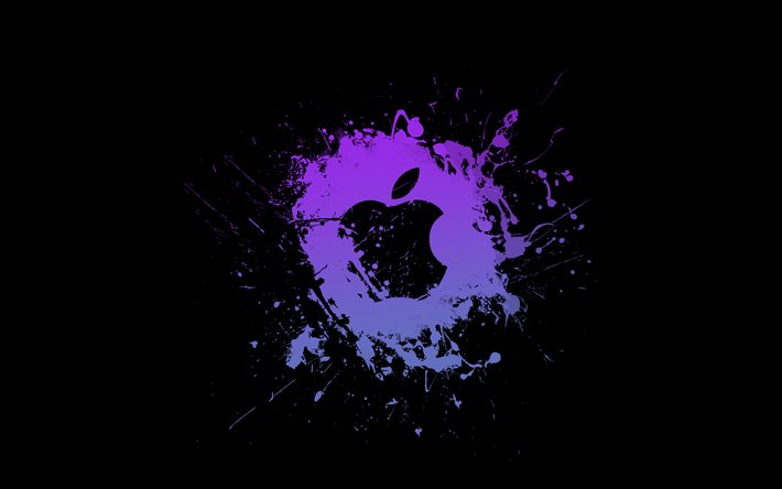 logo viola mela, 4k, minimalismo, creativo, spruzzi di grunge viola, marchio della mela grunge, logo della mela, opera d'arte, mela