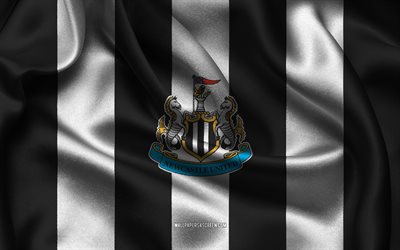 4k, Newcastle United FC logo, black white silk fabric, English football team, Newcastle United FC emblem, Premier League, Newcastle United FC, England, football, Newcastle United FC flag