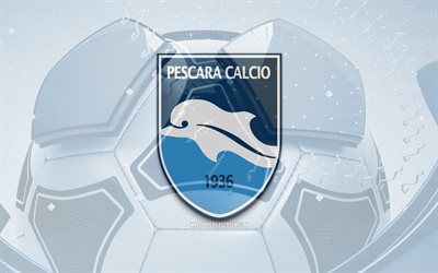 ペスカーラの光沢のあるロゴ, 4k, 青いサッカーの背景, セリエb, サッカー, イタリアのサッカー クラブ, ペスカーラ 3d ロゴ, ペスカーラ エンブレム, ペスカーラ fc, フットボール, スポーツのロゴ, ペスカーラ・カルチョ, デルフィーノ ペスカーラ 1936