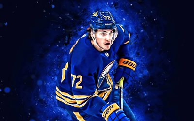 Tage Thompson, 4k, blue neon lights, Buffalo Sabres, NHL, hockey stars, blue abstract background, hockey players, Tage Thompson 4K, hockey, Tage Thompson Buffalo Sabres