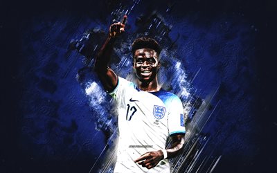 bukayo saka, englands fotbollslandslag, engelsk fotbollsspelare, porträtt, blå sten bakgrund, england, fotboll