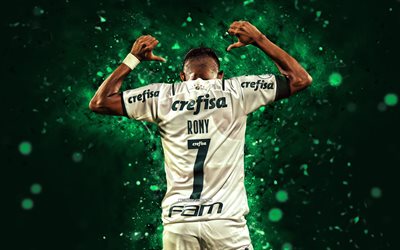 Rony, 4k, back view, SE Palmeiras, green neon lights, brazilian footballers, soccer, Brazilian Serie A, football, Palmeiras FC, Rony Palmeiras, Rony 4K