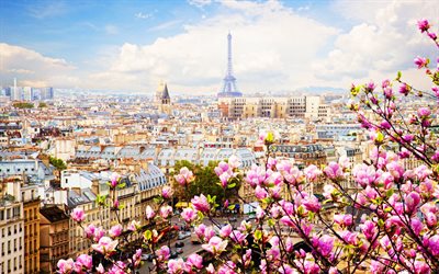 eiffel torni, 4k, kevät, pariisin maamerkit, hdr, ranskalaiset kaupungit, pariisi, ranska, euroopassa, pariisin panoraama, pariisin kaupunkikuva
