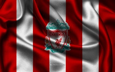 4k, Liverpool FC logo, red white silk fabric, English football team, Liverpool FC emblem, Premier League, Liverpool FC, England, football, Liverpool FC flag