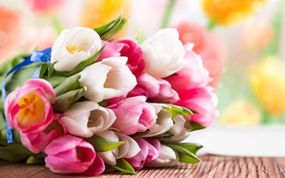 tulipes colorées, 4k, bokeh, bouquet de tulipes, fleurs de printemps, macro, fleurs colorées, tulipes, belles fleurs, arrière plans avec des tulipes, bourgeons colorés