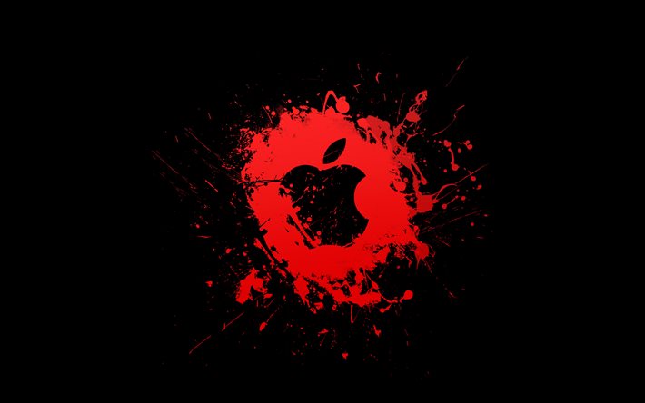 Apple red logo, 4k, minimalism, creative, red grunge splashes, Apple grunge logo, Apple logo, artwork, Apple