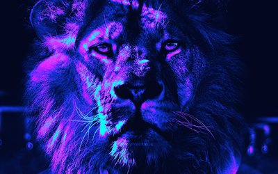 4k, abstrakt lejon, rovdjur, cyberpunk, djurens kung, abstrakta djur, lejon, vilda djur, lion cyberpunk, panthera leo, bild med lejon, kreativ