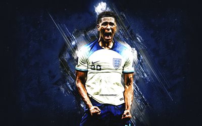 Jude Bellingham, England national football team, portrait, English footballer, midfielder, blue stone background, England, football