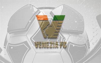 Venezia FC glossy logo, 4K, gray football background, Serie B, soccer, italian football club, Venezia FC 3D logo, Venezia FC emblem, Venezia FC, football, sports logo, Venezia Calcio