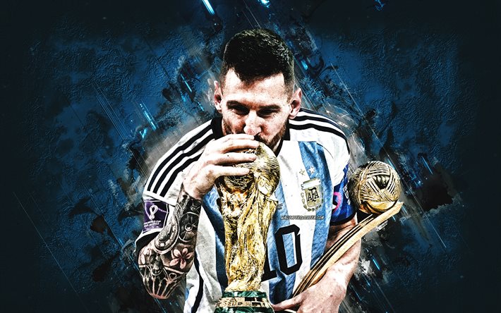 lionel messi, seleção argentina de futebol, copa do mundo 2022, catar 2022, messi com copo, futebol americano, argentina, fundo de pedra azul