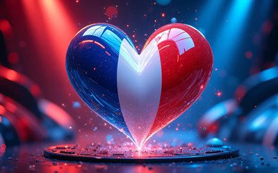 4k, amo francia, oscuridad, arte digital, de cerca, bokeh, dia de francia, bandera de francia, corazón con bandera francesa, corazones 3d, bandera francesa, francia, amor por francia