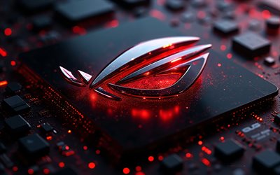 rog logo aus rotem glas, 4k, schwarzer technologiehintergrund, republik der spieler, rog emblem, rotes rog 3d logo, rog rotes glasschild, asus rog, schwarzes mainboard, rog zeichen, rog logo, rog