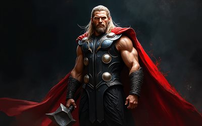 4k, Thor on a black background, superhero, Thor, popular characters, Thor superhero, black background, darkness, Thor character