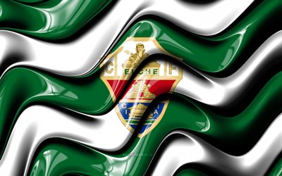 logotipo 3d do elche cf, 4k, ondas 3d brancas verdes, laliga, futebol, bandeira elche cf, criativo, logotipo do elche cf, elche cf, liga, clube de futebol espanhol, elx fc