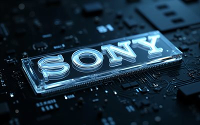 logo en verre sony, 4k, fond de technologie noir, emblème sony, logo 3d en verre sony, signe sony, carte mère noire, panneau en verre sony, logo sony, sony