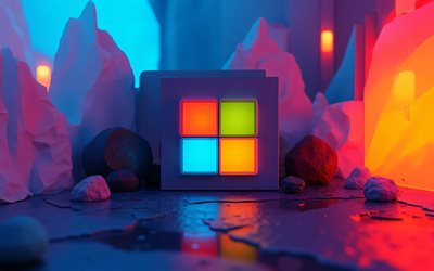 leuchtendes microsoft logo, 4k, dunkelheit, bunter abstrakter hintergrund, softwaremarken, bokeh, kreatives microsoft logo, microsoft 3d logo, kreativ, microsoft logo, marken, microsoft