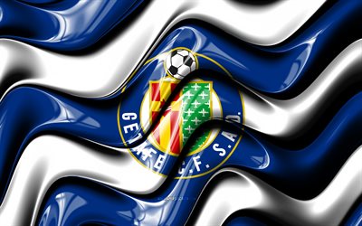 logo 3d de getafe cf, 4k, vagues 3d blanches bleues, liga, football, drapeau getafe cf, créatif, logo getafe cf, getafe cf, la liga, club de football espagnol, fc getafe