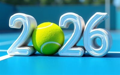 Tennis 2026 concepts, 4K, 2026 tennis season, blue tennis court, white 2026 3D numbers, 3D tennis ball, 2026 tennis, tennis concepts, tennis