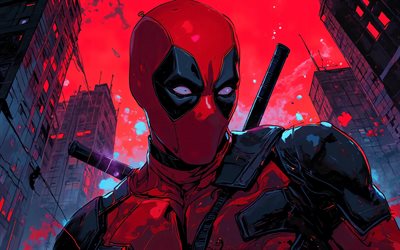 4k, dead pool, paisaje urbano rojo, arte grunge, cómics marvel, oscuridad, superhéroes, obra de arte, arte de deadpool, creativo, de cerca, consorcio inactivo 4k