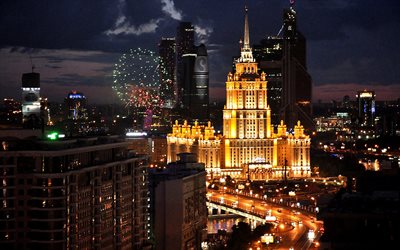 Moscú, noche, fuegos artificiales, Rusia