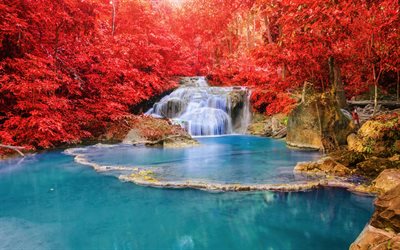cachoeira erawan, outono, parque nacional erawan, cachoeiras erawan, floresta, tailândia