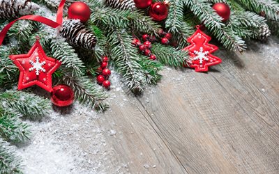christbaumschmuck, dekoratives, schnee, neujahr, weihnachten, rote sterne, rote kugeln, weihnachten hintergrund