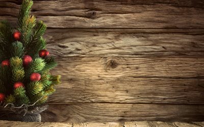 Árbol de navidad, rojo, bolas de Navidad, fondo de madera marrón, Año Nuevo, decoración
