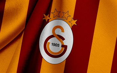 Galatasaray, Turkish football team, orange red flag, emblem, fabric texture, logo, Istanbul, Turkey