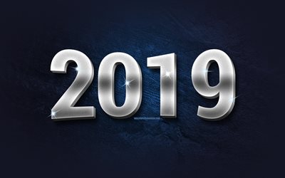 2019 år, metallsiffror, blå sten, 2019 koncept, 3d-siffror, gott nytt år 2019, kreativ