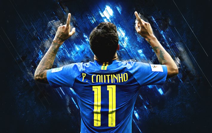 Coutinho, arkadan görünüm, grunge, Brezilya Milli Takımı, mavi taş, Philippe Coutinho, futbol, futbolcular, neon ışıkları, futbol yıldızları, mavi üniforma, Brezilya futbol takımı