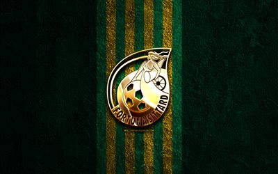 フォルトゥナ・シッタードの金色のロゴ, 4k, 緑の石の背景, エールディビジ, オランダのサッカークラブ, フォルトゥナ・シッタードのロゴ, サッカー, フォルトゥナ・シッタードの紋章, フォルトゥナ・シッタード, フットボール, フォルトゥナ・シッタード fc