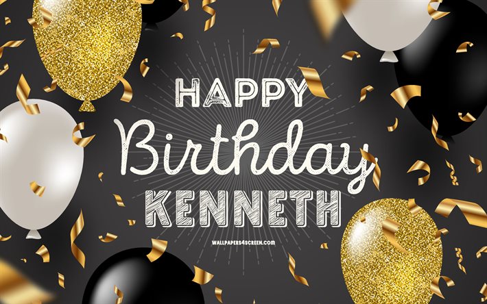 4k, joyeux anniversaire kenneth, fond d'anniversaire doré noir, anniversaire de kenneth, kenneth, ballons noirs dorés