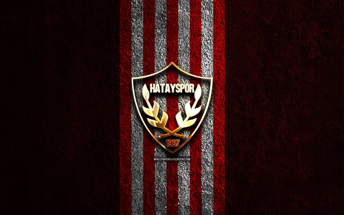 hatayspor logotipo dourado, 4k, fundo de pedra vermelha, superliga, clube de futebol turco, logo hatayspor, futebol, emblema hatayspor, hatayspor, hatayspor fc