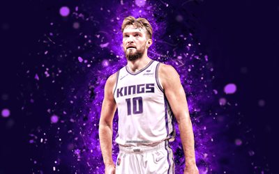 Domantas Sabonis, 4k, violet neon lights, Sacramento Kings, NBA, basketball, Domantas Sabonis 4K, violet abstract background, Domantas Sabonis Sacramento Kings