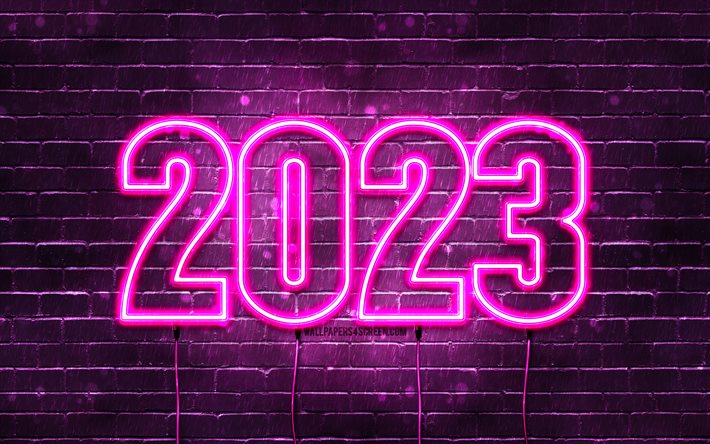 明けましておめでとうございます 2023, 4k, パープルブリックウォール, 電線, 2023年のコンセプト, 2023 ネオン数字, 2023年明けましておめでとうございます, ネオンアート, クリエイティブ, 2023 紫色の背景, 2023年, 2023 紫色の数字
