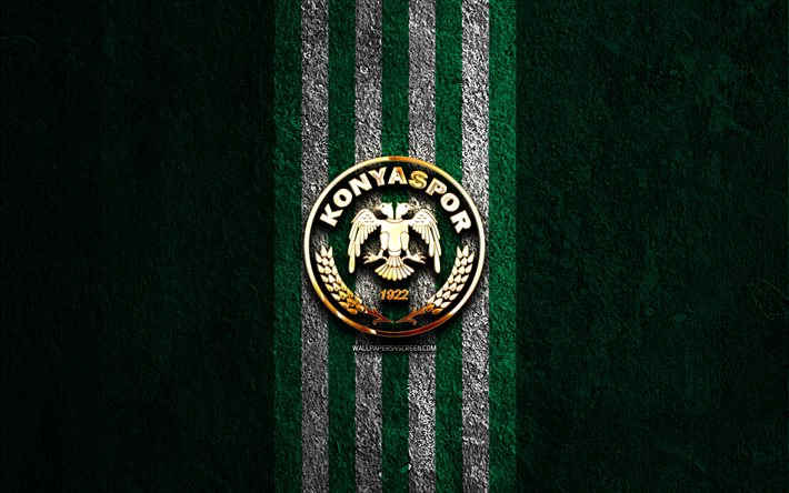 logotipo dorado de konyaspor, 4k, fondo de piedra verde, súper liga, club de fútbol turco, logotipo de konyaspor, fútbol, emblema de konyaspor, konyaspor, konyaspor fc