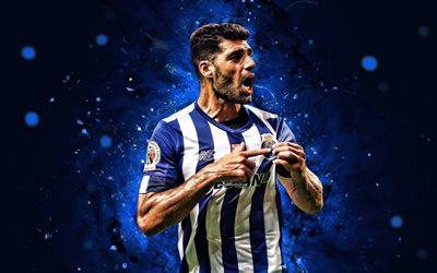 Mehdi Taremi, 4k, blue neon lights, Porto FC, Primeira Liga, Iranian footballers, soccer, FC Porto, Mehdi Taremi Porto FC, Mehdi Taremi 4K