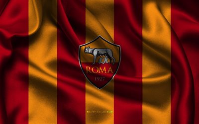 4k, logo as roma, tessuto di seta rosso arancio, società di calcio italiana, stemma della roma, serie a, italia, calcio, bandiera della roma
