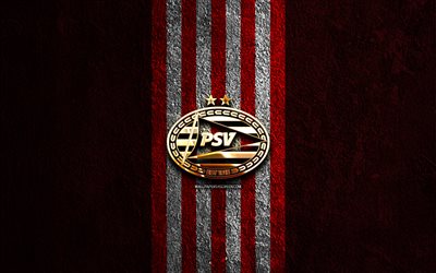 PSV Eindhoven golden logo, 4k, red stone background, Eredivisie, dutch football club, PSV Eindhoven logo, soccer, PSV Eindhoven emblem, PSV Eindhoven, football, PSV Eindhoven FC