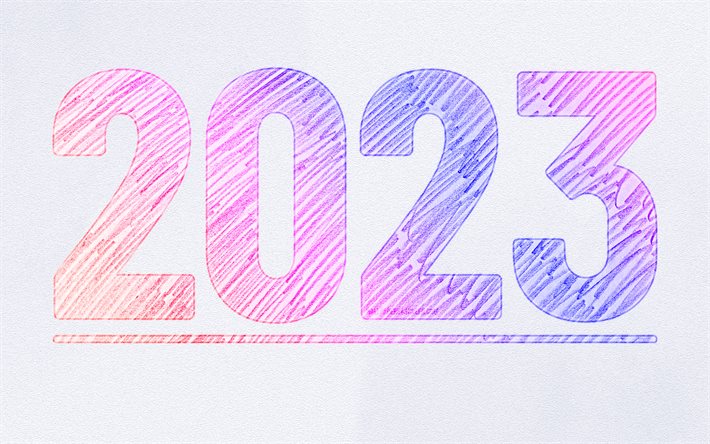 4k, bonne année 2023, chiffres esquissés colorés, concepts 2023, créatif, 2023 chiffres 3d, 2023 fond gris, 2023 année, croquis