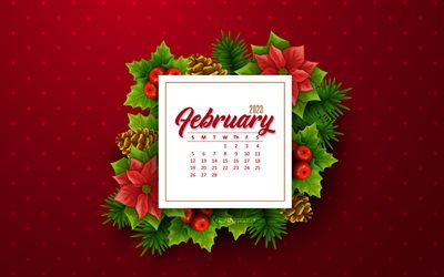februari 2023 kalender, 4k, julelement, 2023 koncept, februari, röd bakgrund, februari kalender 2023, 2023 mall, skapande konst