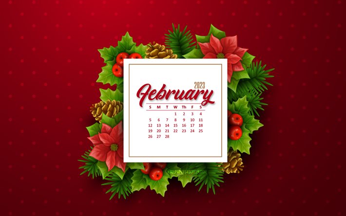 calendario febrero 2023, 4k, elementos navideños, 2023 conceptos, febrero, fondo rojo, calendario de febrero de 2023, plantilla 2023, arte creativo