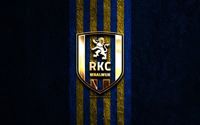 logo doré du rkc waalwijk, 4k, fond de pierre bleue, eredivisie, club de football hollandais, logo rkc waalwijk, football, emblème rkc waalwijk, rkc waalwijk, waalwijk fc