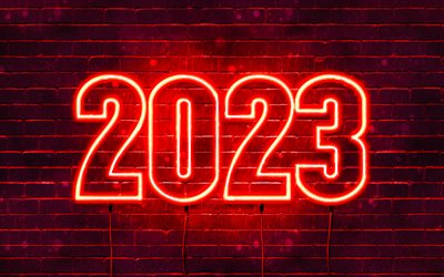 Happy New Year 2023, 4k, red brickwall, electrical wires, 2023 concepts, 2023 neon digits, 2023 Happy New Year, neon art, creative, 2023 red background, 2023 year, 2023 red digits