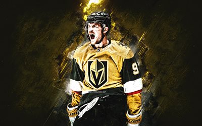 Jack Eichel, Vegas Golden Knights, american hockey player, NHL, portrait, golden stone background, hockey, USA