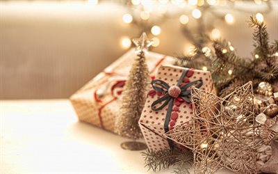 Merry Christmas, 4k, Happy New Year, golden christmas tree, golden christmas star, golden gift boxes, Christmas gifts, Christmas night, Christmas background