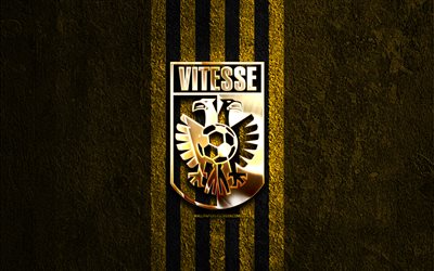 logotipo dorado de sbv vitesse, 4k, fondo de piedra amarilla, eredivisie, club de fútbol holandés, logotipo de sbv vitesse, fútbol, emblema sbv vitesse, sbv vitesse, vitesse fc