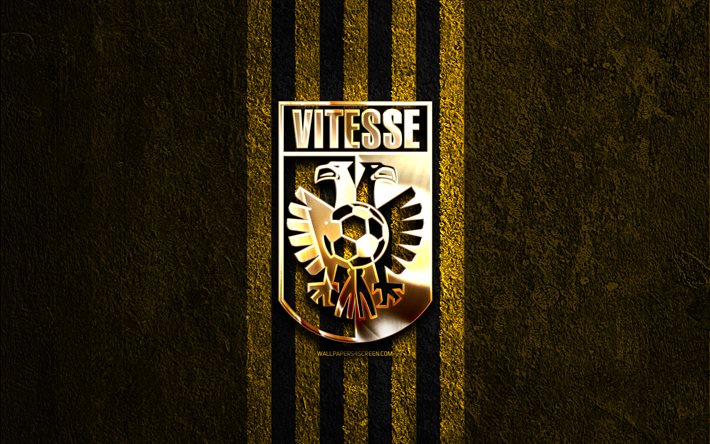 sbv vitesse kultainen logo, 4k, keltainen kivi tausta, eredivisie, hollantilainen jalkapalloseura, sbv vitesse  logo, jalkapallo, sbv vitesse  tunnus, sbv vitesse, vitesse fc