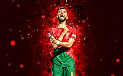 4k, bruno fernandes, 2022, portugalin jalkapallomaajoukkue, punaiset neonvalot, jalkapallo, jalkapalloilijat, punainen abstrakti tausta, bruno fernandes 4k
